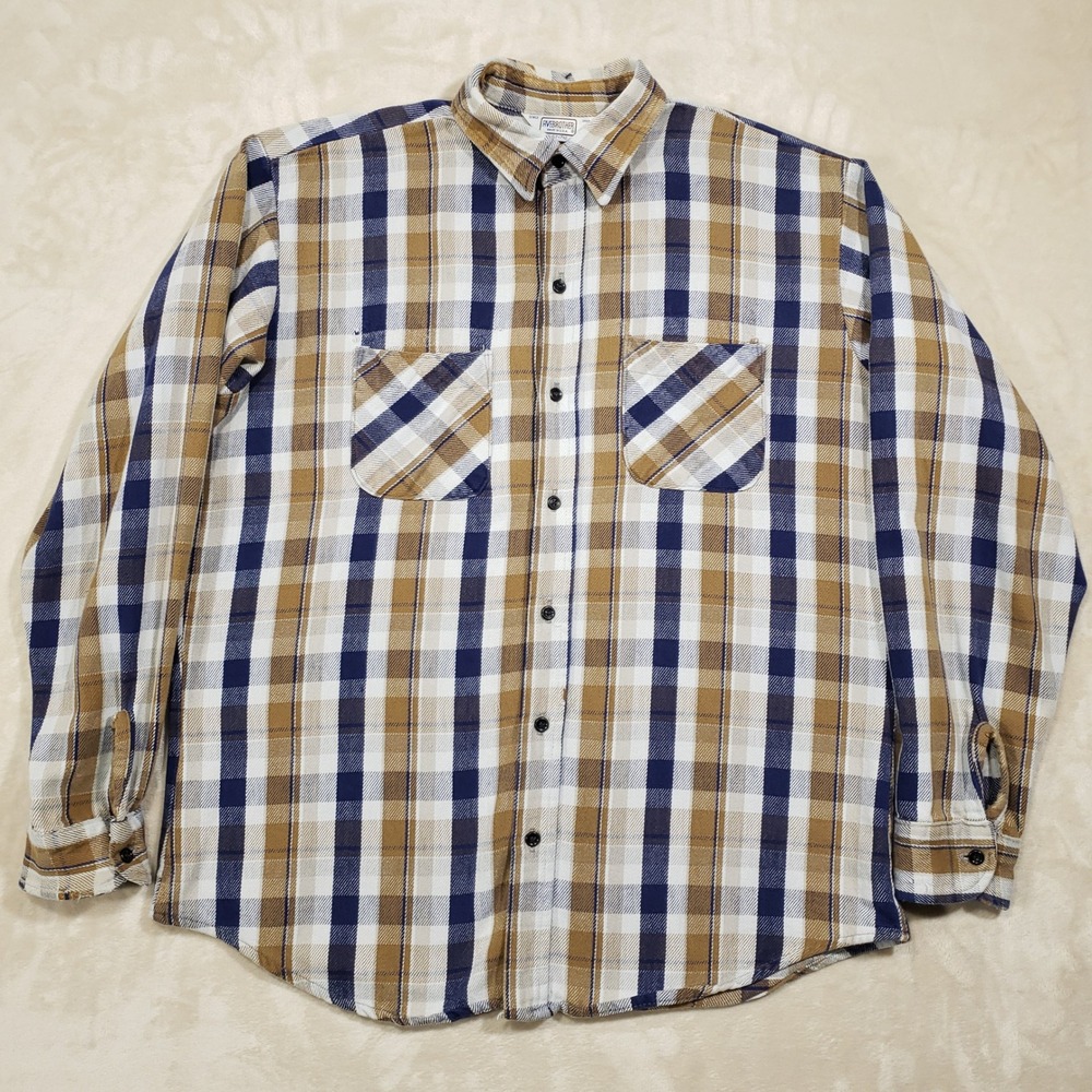 Five Brother Flannel Shirt Mens XL Tan Blue Plaid Heavy Cotton Workwear USA Made